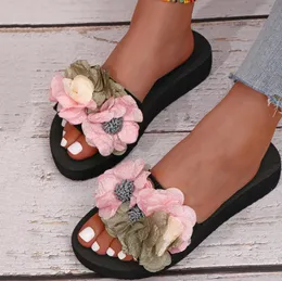 Hos kvinnor damer bohemiska bågblommor dekoration sandaler öppna tå strand tofflor casual skor sommar tofflor zapatos mujer 240318