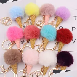 열쇠 고리 14 색 5cm 5cm Fluffy Faux Rabbit Fur Ball Key Rings 여자 아이스크림 콘 키 체인 펜던트 가방 귀여운 반지 장식 보석 Dh5fj