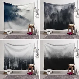 Gobeliny mgliste leśne gobelin wiszący hipis czarno -biała mata koc dywan miasto sceniczne malarstwo