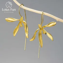 Lotus zabawne eleganckie luksusowe oświadczenie Big Orchid Flower Dangle Kolczyki dla kobiet Real 925 Srebrny srebrny ślub biżuterii 240401