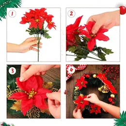 장식 꽃 꽃다발 가짜 부시 35cm 높이 6 조각 7 머리 인공 크리스마스 섬세한 장식 Poinsettia