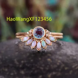14k altın doğal opal aytaşı yüzüğü seti düğün vaat eden yüzük bandı 14K gerçek katı altın doğal aytaşı halka seti