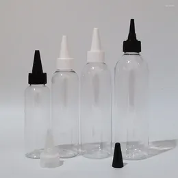 Aufbewahrungsflaschen 100 ml, 150 ml, 200 ml, 250 ml, leer, durchsichtiger Kunststoff mit spitzen Mundkappen, Behälter, Reisegröße für Duschgel, Shampoo, Flüssigkeit