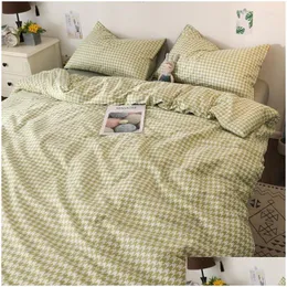 Bedding Sets Plaid Set Grid Pattern Green Blue Pink Quilt Er Bed Sheet Pillowcase Home Textile Soft Nordic Duvet Linen Drop Delivery G Dhnmj