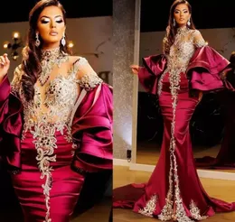 2022 Sparkly Arabic Aso Ebi Dark Red Mermaid Prom Dresses Crystals Beaded High Split Long Sleeves Plus Size Evening Formal Party S7820225