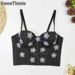 Tanques femininos IRENE TINNIE Mulheres Plum Flower Sling Corset Bustier Sutiã Cor Sólida Malha Push Up Bralet Night Club Party Dance Cropped Top