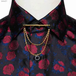 Men's Plus Tees Polos Red Floral Black Shirts For Men Long Sleeve Slim Casual Dress Shirt With Collar Pin Camisa Masculina Designer Clothing yq240401
