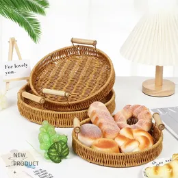 Plastic Storage Tray With Handle Imitation Rattan Weaving Basket Sundries Plate Fruit Platter Tea Tray Dinner Serving Tray