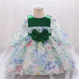 Girl Dresses Bbay Green Bow Christmas Dress For Baby Girls Floral Long Sleeve Princess Party Infant 1st Birthday Wedding Gown