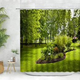 Shower Curtains Spring Natural Scenery Curtain Hook Garden Flower Green Plant Forest Lawn Bathroom Bathtub Hanging Set Polyester