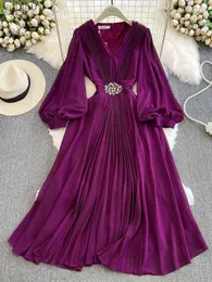 Basic Casual Dresses Aibeautyer New Spring Summer Solid Slim Full Lady Dress A Line V Neck Lantern Sleeve Chiffon Pullover Women yq240402