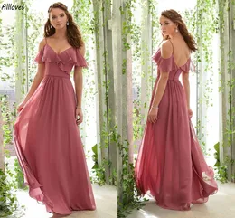 Lindos babados cintas de espaguete longos vestidos de dama de honra uma linha chiffon até o chão vestidos de festa formal sexy sem costas mulheres casamento convidado vestido de baile CL3438