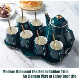 14 Pcs Tea Set of 6 With Tray Spoons Modern Diamond Design TeaCoffee Cup Golden Trim Coffeeware Teaware Matcha 240328