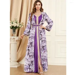 Roupas étnicas Marrocos Abaya Imprimir Kimono Vestido Interno Conjunto 2 Peça Mulheres Muçulmanas Turquia Árabe Kaftan Eid Vestido de Festa Dubai Islam Jalabiya