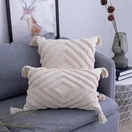 Tassels Cushion Cover Beige Boho Pillowcase z frędzlami kępki wystrój domu ręcznie robione tkane poduszki sofa dekoracja salonu