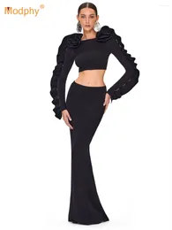 Arbeitskleider Modphy Frauen Rock Top Bandage Zweiteiliges Set Schwarz Blume Langarm Crop Enge Club Party Vestidos