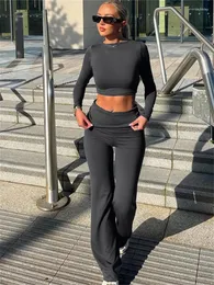 Women's Two Piece Pants Habbris Spring Gray Long Sleeve 2 Sets Casual Vacation Outfits For Women 2024 O Neck Bodycon Crop Top