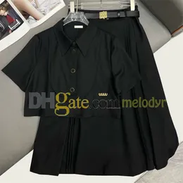 Women Short Sleeve Shirts Skirt Skirt Summer Pleated A Line Dress with Letter Belt Summer Two Piece Dress Casual Crop Tees Top