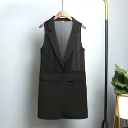 Women's Vests #0738 Spring Summer Black Perspective Chiffon Vest Coat Women Long Sleeveless Jacket Single Button Thin Sexy Outerwear