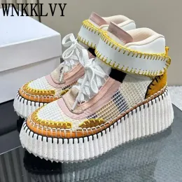 Квартиры Spring High Top Platform Casual Shoes women Mesh Course Up Увеличение обуви Смешанные цветные дышащие кроссовки Эластичные короткие ботинки