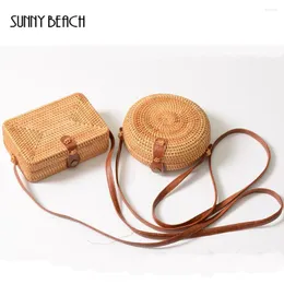 Sacos de ombro ensolarado praia verão mini saco mensageiro artesanal redondo bolsas de bambu rattan círculo caixa bali boêmio feminino palha