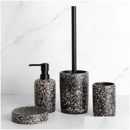 Banyo Aksesuar Seti Banyo Aksesuarları Setleri Siyah Terrazzo Reçine Diş Fırçası Tutucu Sabun Dispenser Pompa Şişesi Tootaste Diva Drop Deli Dhliu