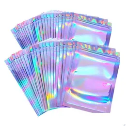 Packing Bags Wholesale Resealable Smell Proof Mylar Foil Pouch Flat Zipper Bag Laser Rainbow Holographic Color Packaging For Party Fav Dhehg