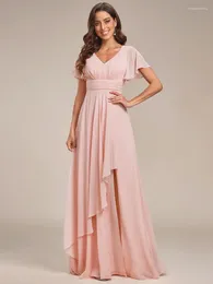 Partykleider, eleganter Abend, seitlicher Schlitz, V-Ausschnitt, gerüscht, versteckter Reißverschluss, bodenlang, 2024, Chiffon, A-Linie, rosa Brautjungfernkleid