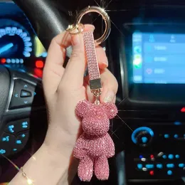 Chaveiros Lanyards Moda Diamante Conjunto Médio Violento Urso Chaveiro Criativo Diamante Corda Rodada Cadeia Carro Chaveiro Menina Saco Pingente Presente J240330