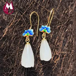 Dangle Earrings Ethnic Magnolia Flower White Jade With Stone 925 Sterling Silver Drop For Women Gold-Color Jewelry SE21