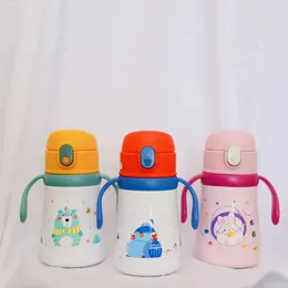 350ML 316 Stainless Steel Thermos Cup Childrens Cartoon Straw Handle Strap DualUse Learning Drinking Student Kettle 240320