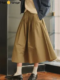 Skirts HanOrange 2024 Spring Vintage Fashion High Waist Skirt Pleated Fluffy Casual A-line Long Navy Blue/Khaki Green