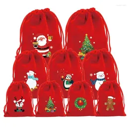 Present Wrap 50st Creative Bright Red Printed Christmas Velvet DrawString Bag Apple Candy Packaging Jewelry Storage