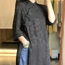 Ethnic Clothing Cheongsam Classic Black Country Style Imitation Silk Jacquard Top 2024 Spring and Autumn Retro Qipao Dress