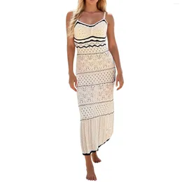 Sukienki swobodne 2024 Letnia dzianina szydełka sukienka plażowa dla kobiet seksowna bez pleców rękawów głębokie V Bodycon Striped Holiday Sundress Stain