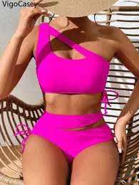 Damen Bademode VigoCasey 2024 Sexy Pink One Shoulder Badeanzug Damen Push Up Bikini Set Hohl Rückenfrei Badeanzug Hohe Taille Strand Badeanzug J240330