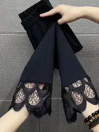 Kvinnors byxor Micro blossade för 2024 Summer Korean version tunn med spets svart beskuren och leggings