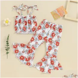 Conjuntos de roupas Criança Criança Bebê Menina Roupas de Verão Flor Tie-Up Spaghetti Straps Crop Tank Tops Flare Calças 2 Pcs Roupas Set Drop Del Otdzb