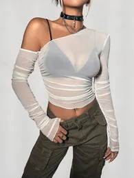 Summer Sexy Off Shoulder Diagonal Neck Long Sleeve Mesh Perspective Solid Color T-Shirt Spicy Girl 230721