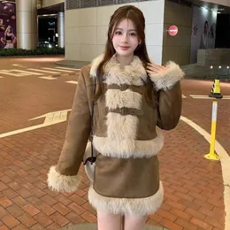 Sukienki robocze Śliczne zimowe faux fur 2 -częściowy zestaw spódnicy kobiety swobodne ubrania Y2K Blazers kurtka płaszcze spódnice koreańskie garnitury mody kawaii