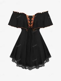 Women's T Shirts ROSEGAL Plus Size Off The Shoulder Lace Up Textured T-Shirts Black Lace-trim Ruffles Panel Short Sleeves Top Women Casual