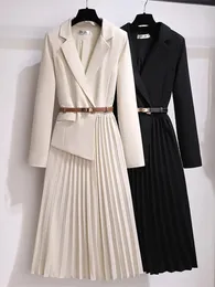 Long Dress Belt Patchwork Blazer Dress Women Elegant Office Ladies Long Sleeve Notched Female Autumn Midi Vestido 240313