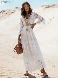 Vestidos Casuais Básicos Canwedance Womens Lace Beach Dress Vintage Flare Sleeve Hollow Out Boho Maxi com Borla Vestidos de Férias Românticas yq240402