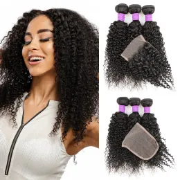 Closure Gemlong Jerry Curly 3 Bundles With 4*4 Lace Closure 200g/lot Remy Brazilian Human Hair Weaving 4*1 T Lace Middle Part Closures