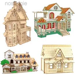 Blocks 3D Wooden Jigsaw Doll House Villa Model DIY Dollhouse Wood Puzzle Children Educational Toys For Kids Girls Room Home Decoration 240401
