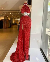 Luxury Red Mermaid Evening Dresses Designer Crystals Sequins Beads Prom Dress Sleeveless High Slit Custom Made Formal Party Gowns 6671561