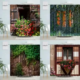 الستائر الدش الرجعية زهور نافذة من الطوب جدار الستار الطبيعية المناظر الطبيعية نباتات غال