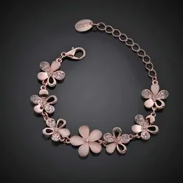 Chain Charmantes 18-Karat-Rosévergoldetes Damen-Kettenarmband mit rosa Katzenaugen-Proteinstein und Blumenkette Q240401