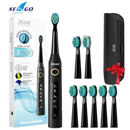 Seago sonic escova de dentes elétrica SG-507 para adulto temporizador escova 5 modos micro usb recarregável escova substituição cabeças set240325
