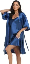 Qubu Sexy Pajamas Women Silk Satin Pajamas 2pcs Sexy шелковистый PJ Robe Set с Chemise Nightgown 2404101